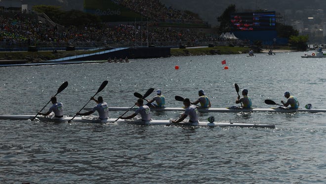 Athletes compete in a men's kayak four 1000  semifinal at Lagoa Stadium during the Rio 2016 Summer Olympic Games.