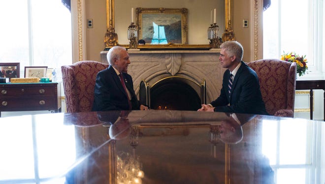 Gorsuch meets with Sen. Orrin Hatch on Capitol Hill on Feb. 1, 2017.