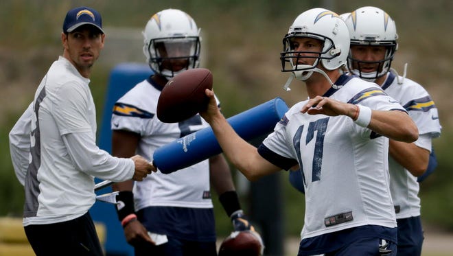 The Los Angeles Chargers' Phillip Rivers throws during practice in San Diego.