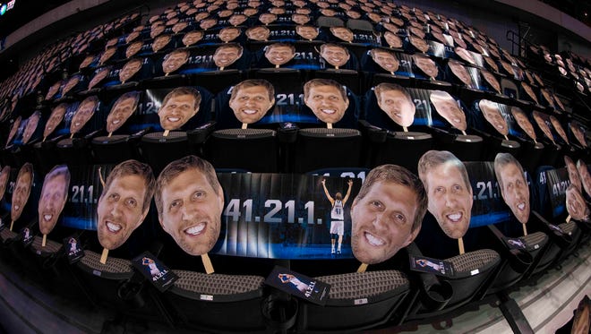 April 9, 2019: A  view of head shot giveaways of the Dallas Mavericks' forward Dirk Nowitzki before his final home game at the American Airlines Center.
