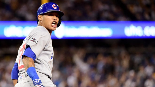 NLCS, Game 5: Addison Russell hits a two-run home run in the sixth inning to give the Cubs a 3-1 lead over the Dodgers.