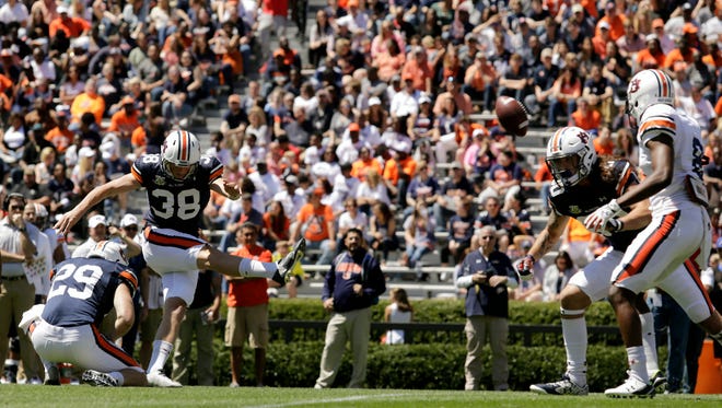 Auburn kicker Daniel Carlson attempts a field goal during the team's spring game.