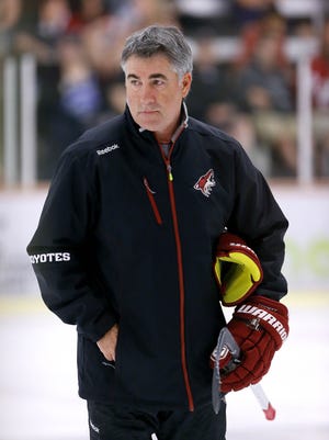 Arizona Coyotes Head Coach Dave Tippet  leads their 2015 development Camp Tuesday, July 7, 2015 in Scottsdale, Ariz.