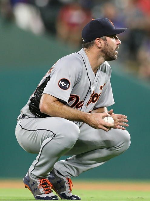 Tigers pitcher Justin Verlander reacts after giving up a home run against Rangers first baseman Mike Napoli in the fourth inning on Tuesday, Aug. 15, 2017, in Arlington, Texas.