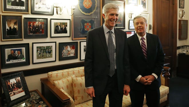 Gorsuch meets with Sen. Lindsey Graham, R-S.C., in his office on Capitol Hill on Feb. 2, 2017.