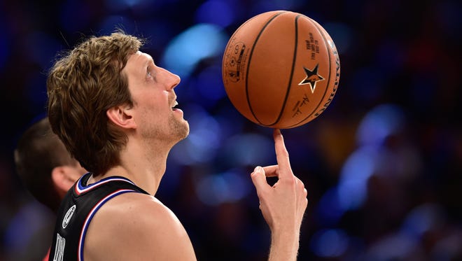 2015: Dirk Nowitzki of the Dallas Mavericks during the second half of the 2015 NBA All-Star Game.