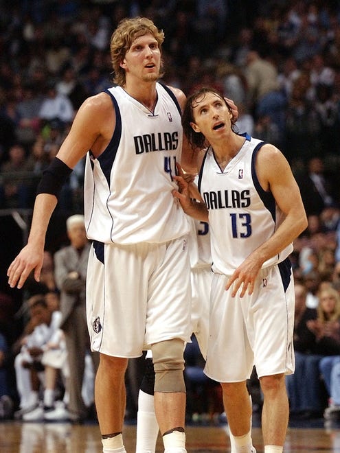 2003: Dirk Nowitzki congratulates teammate Steve Nash.
