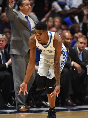 Kentucky Wildcats guard Malik Monk (5) celebrates after a three pointer during the second half against the Arkansas Razorbacks during the SEC Conference Tournament at Bridgestone Arena.