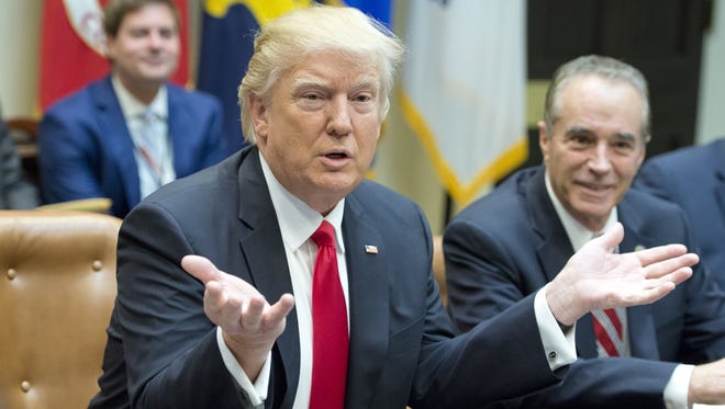President Trump participates in a congressional listening session with GOP members, including Rep. Chris Collins of New York, in the Roosevelt Room of the White House on Feb. 16, 2017.