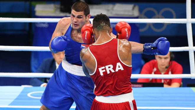 Tony Victor James Yoka of France competes against Filip Hrgovic of Crotia  during the men's super heavy +91kg semifinal the Rio 2016 Summer Olympic Games at Riocentro - Pavilion 6.