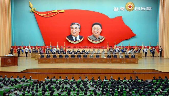 This picture on April 24, 2017 and released from North Korea's official Korean Central News Agency (KCNA) on April 25 shows a national meeting at the People's Palace of Culture in celebration of the 85th founding anniversary of the Korean People's Army.