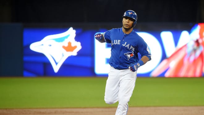 ALDS, Game 3: Edwin Encarnacion hits a two-run homer off Cobly Lewis to give the Blue Jays a 2-1 lead over the Rangers.
