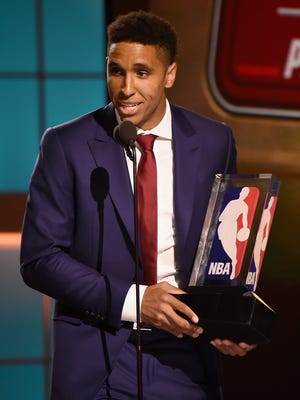 2017 NBA Rookie of The Year Winner, Malcolm Brogdon, speaks on stage during the 2017 NBA Awards.