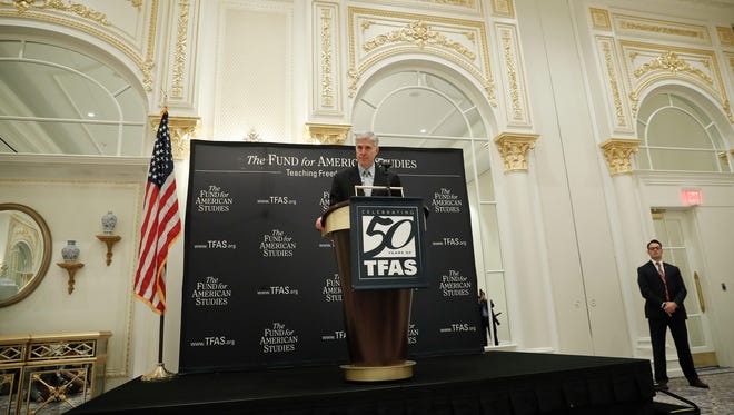 Gorsuch speaks at the 50th anniversary of the Fund for America Studies luncheon at the Trump Hotel in Washington on Sept. 28, 2017.