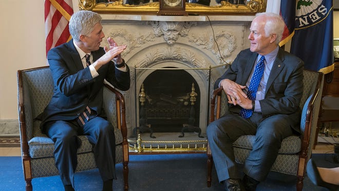 Gorsuch meets with Senate Majority Whip John Cornyn, R-Texas, in his office in the U.S. Capitol on Feb. 1, 2017.
