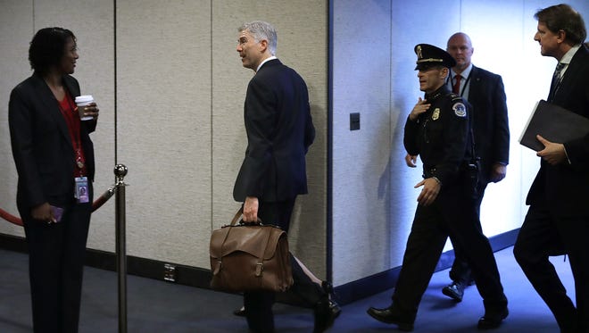 Gorsuch arrives for the first day of his Supreme Court confirmation hearings before the Senate Judiciary Committee in the Hart Senate Office Building on March 20, 2017.