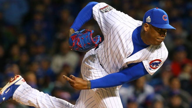 Cubs closer Aroldis Chapman entered the game with one out in the seventh inning and notched an eight-out save.