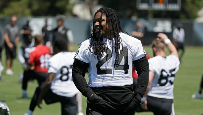 Oakland Raiders running back Marshawn Lynch during a team activity Tuesday, May 23, 2017, in Alameda, Calif.