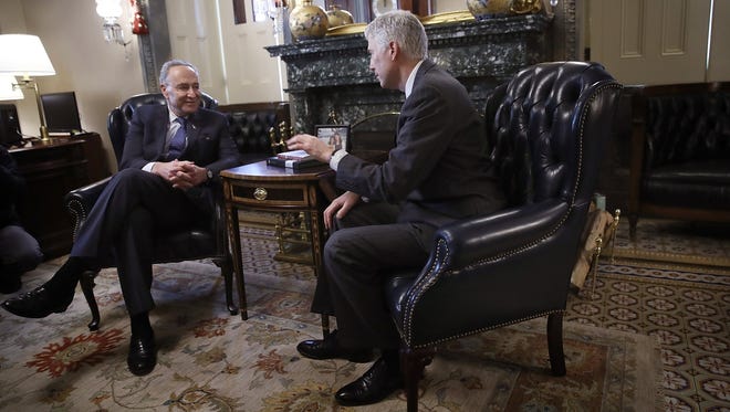 Gorsuch meets with Senate Minority Leader Chuck Schumer, D-N.Y., in Schumer's office at the U.S. Capitol on Feb. 7, 2017.