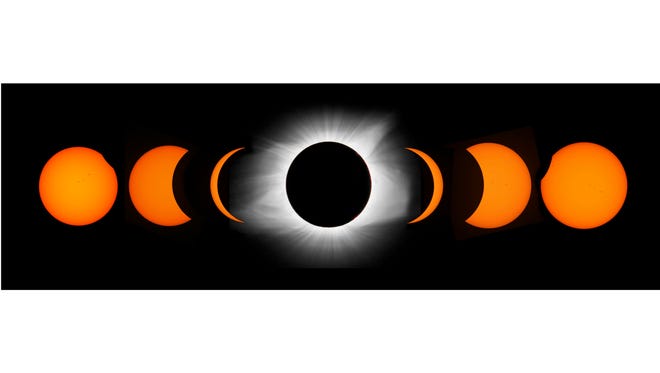 A composite of seven images from stages of the total solar eclipse in Hopkinsville, Ky. The moon is traveling from left to right in the image.