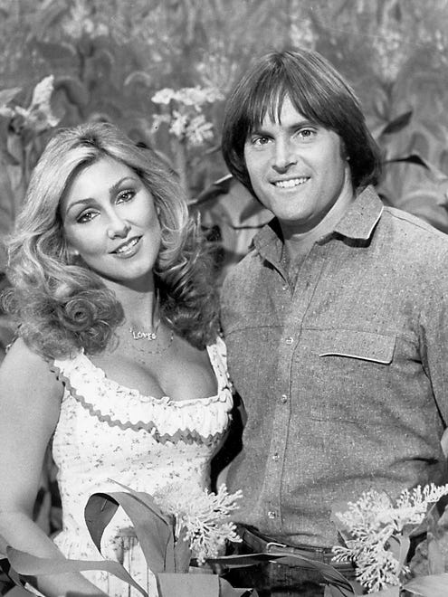 Jenner and his fiance actress Linda Thompson posing in the corn field on the set of the television show "Hee Haw" in Nashville, Tenn. in 1980.