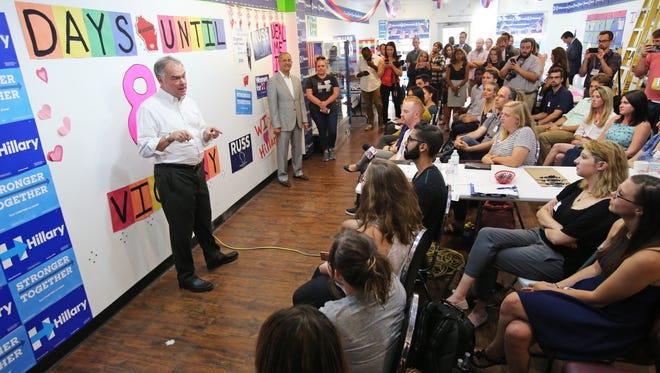 Democratic vice presidential candidate Sen. Tim Kaine (D-Va.) speaks during a visit to the Democratic party campaign office in Madison