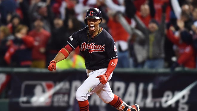 ALCS, Game 1: Francisco Lindor hits a two-run home run off Blue Jays' Marco Estrada that gives the Indians a 2-0 lead in the sixth inning.