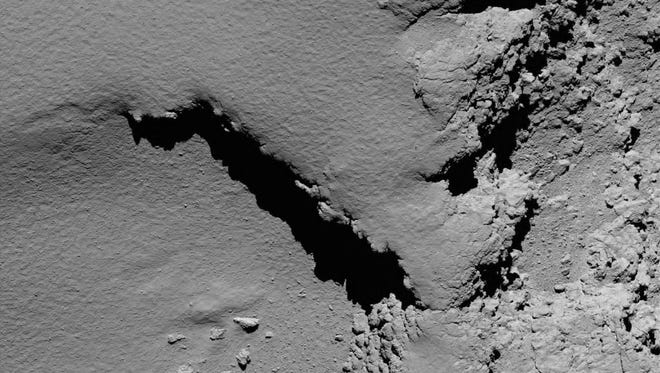 This photo provided by the European Space Agency on Sept. 30, 2016, was captured by Rosetta's camera. It shows the surface of Comet 67P during Rosetta's descent.