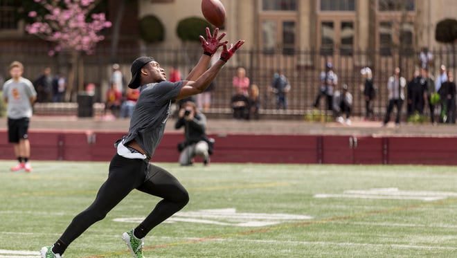 Southern California's receiver JuJu Smith-Schuster takes part in the team's NFL football pro day in Los Angeles, Wednesday, March 22, 2017.