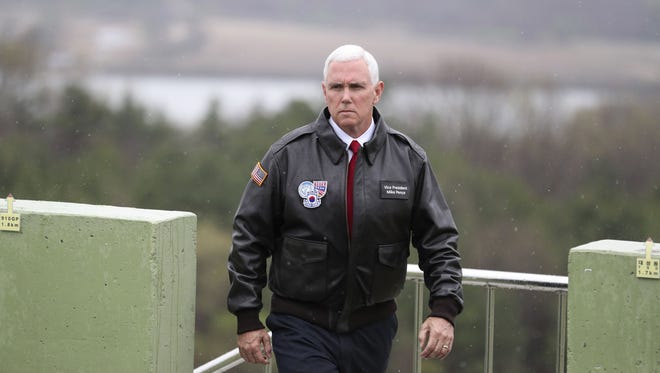 Vice President Mike Pence arrives at Observation Post Ouellette in the Demilitarized Zone (DMZ), near the border village of Panmunjom, which has separated the two Koreas since the Korean War, South Korea, Monday, April 17, 2017.