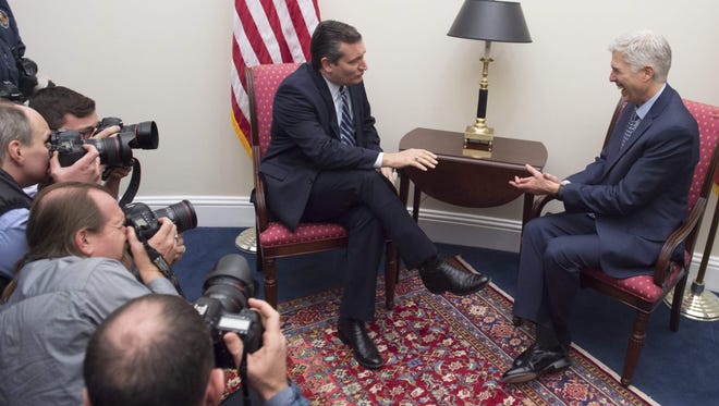 Sen. Ted Cruz, R-Texas, speaks with Gorsuch during a meeting on Capitol Hill on Feb. 2, 2017.