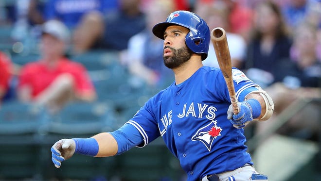 ALDS, Game 1: Jose Bautista  slugs a 425-foot home run in the ninth inning to give the Blue Jays a 10-0 lead over the Blue Jays.