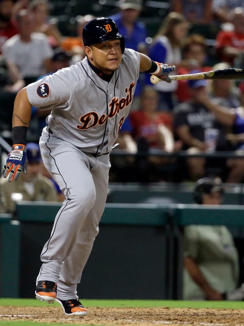 Tigers designated hitter Miguel Cabrera follows through on a single to right in the seventh inning of the Tigers' 12-6 loss to the Rangers on Wednesday, Aug. 16, 2017, in Arlington, Texas.