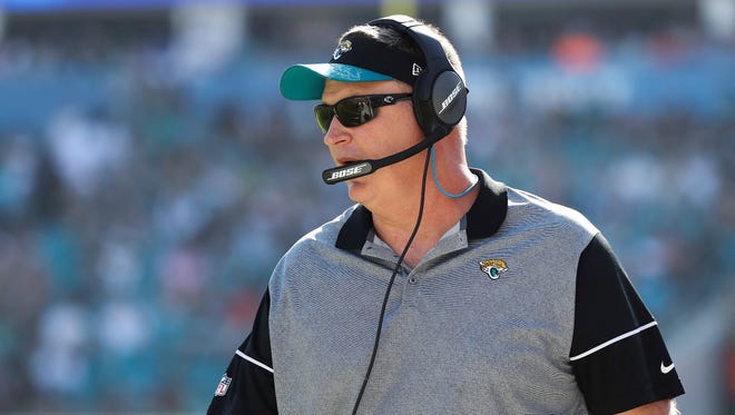 Jacksonville Jaguars interim head coach Doug Marrone looks on during the first half against the Tennessee Titans at EverBank Field. The Jacksonville Jaguars won 38-17.