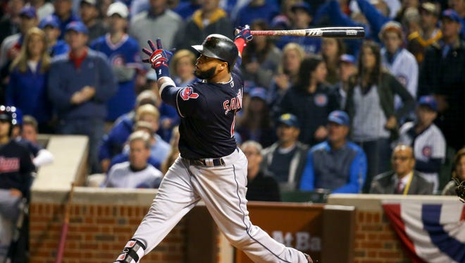 World Series, Game 4: Carlos Santana slugs a home run off John Lackey that ties the game 1-1 in the second inning.