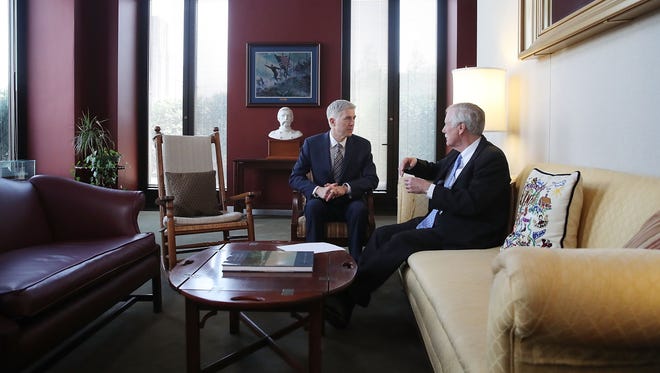 Gorsuch meets with Sen. Angus King, I-Maine, in his office on Capitol Hill on March 1, 2017.