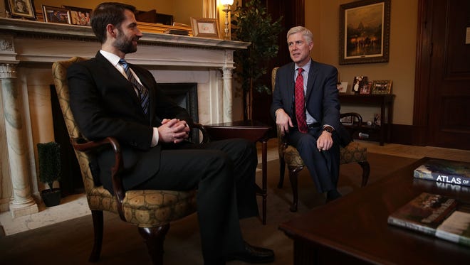Gorsuch meets with Sen. Tom Cotton, R-Ark., in Cotton's office on Feb. 8, 2017, on Capitol Hill.