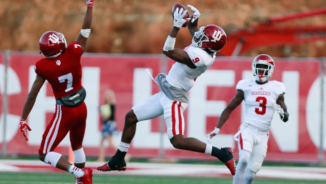 Indiana's Jonathan Crawford makes an interception during the team's spring game.