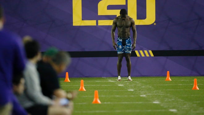 LSU cornerback Tre'Davious White lines up for the the 40-yard dash, during their NCAA college football pro day drills in Baton Rouge, La., Wednesday, April 5, 2017.