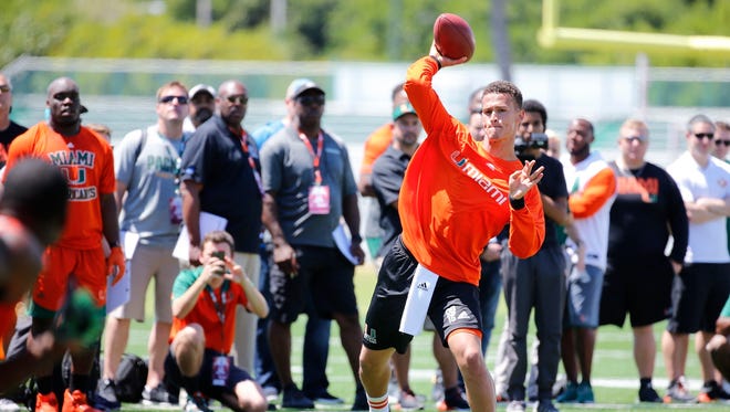 Quarterback Brad Kaaya throws during the University of Miami annual NFL football Pro Day in Coral Gables, Fla., Wednesday, March 29, 2017.