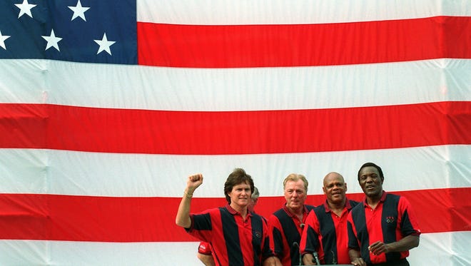 Former gold medal decathaletes Bruce Jenner, from left, Bill Toomey (behind), Bob Mathias, Milton Campbell and Rafer Johnson appear at a Rings of Fame fountain dedication in Atlanta on Wednesday, July 17, 1996.  The Rings of Fame celebrate the more than 9,000 Americans who have competed in the Summer or Winter Olympics since 1896.
