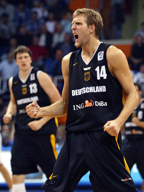 2005: Dirk Nowitzki celebrates after Germany wins against Russia.