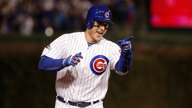 NLCS, Game 6: Anthony Rizzo's home run in the fifth inning gives the Cubs a 5-0 lead over the Dodgers.