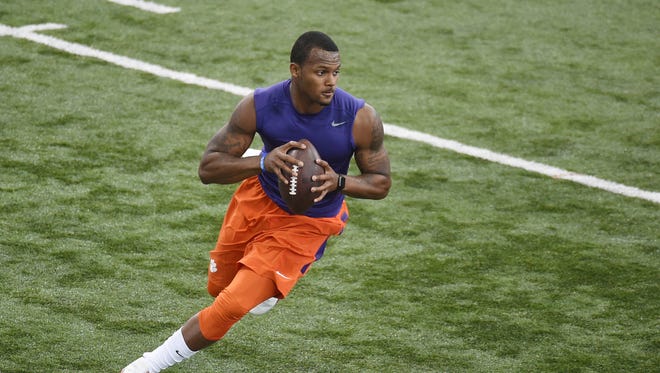 Deshawn Watson runs a drill during football pro day at Clemson University, Thursday, March 16, 2017, in Clemson, S.C.