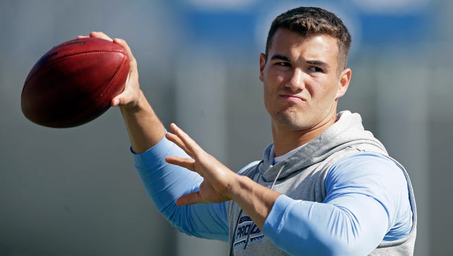 Quarterback Mitch Trubisky passes during North Carolina's pro timing football day in Chapel Hill, N.C., Tuesday, March 21, 2017.