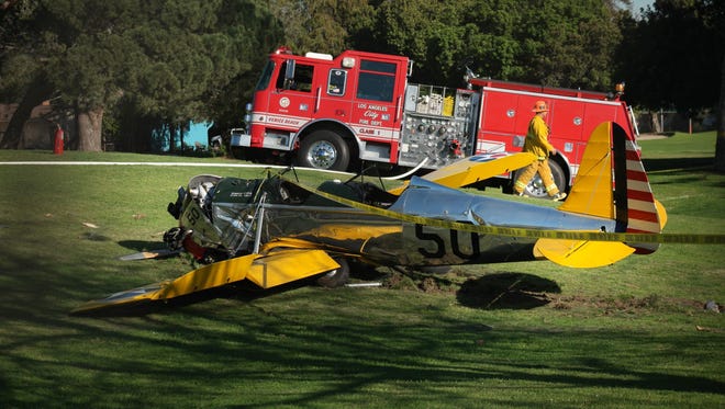 Harrison Ford's vintage plane after crashing at at golf course in Venice, Calif. on March 5, 2015.