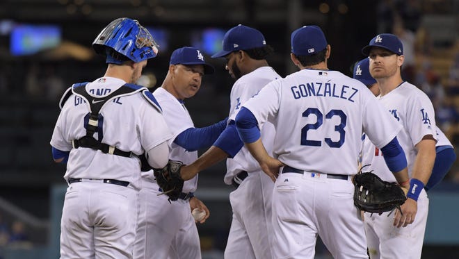 Sept. 5: Dodgers reliever Pedro Baez is removed by manager Dave Roberts in the 10th inning after the go-ahead run scores. The Dodgers went on to lose their season-high fifth straight and 10 of their last 11, but still hold an 11 1/2-game lead in the National League West.
