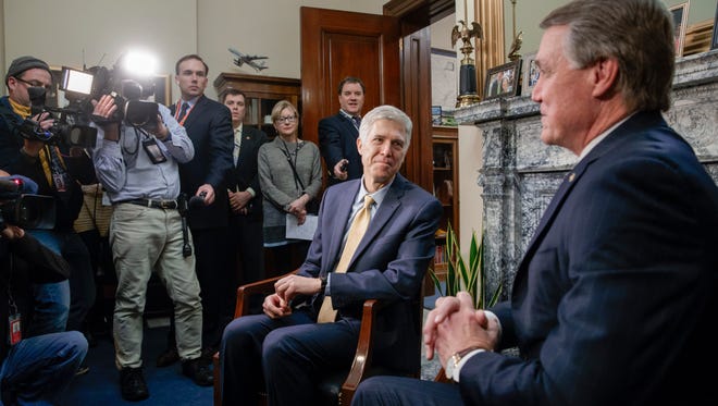Gorsuch meets with Sen. David Perdue, R-Ga., on Capitol Hill on Feb. 10, 2017.