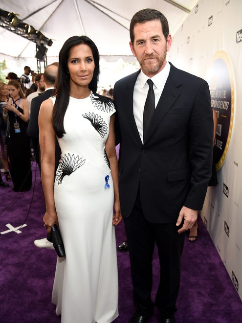 'Top Chef' host Padma Lakshmi and venture capitalist Adam Dell pose on the 'Not the WHCD' press line.