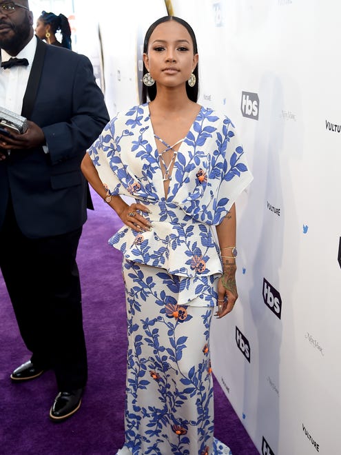 Actress Karrueche Tran goes full floral at the 'Full Frontal' event.